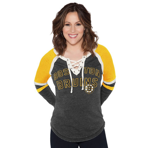 Boston Bruins Touch by Alyssa Milano Women's Backshot Lace-Up Long Sleeve T-Shirt - Black