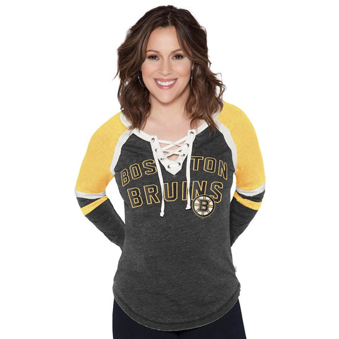 Boston Bruins Touch by Alyssa Milano Women's Plus Sizes Backshot Lace-Up Long Sleeve T-Shirt - Black/Gold