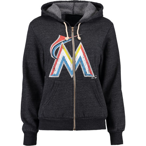 Miami Marlins Majestic Women's Full-Zip Tri-Blend Hoodie - Black