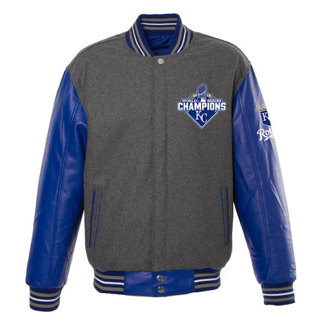 Kansas City Royals JH Design Male 2015 World Series Champions Wool PU Sleeve Reversible Jacket - Gray