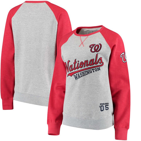Washington Nationals Soft as a Grape Women's Biowashed Dugout Fleece Crew Neck Sweatshirt - Gray/Red