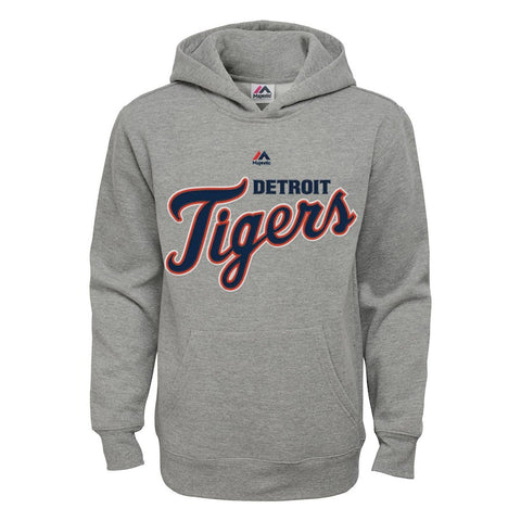 Detroit Tigers Majestic Youth Wordmark Pullover Hoodie - Heather Gray