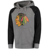 Chicago Blackhawks Distressed Primary Logo Raglan Tri-Blend Pullover Hoodie - Gray/Black