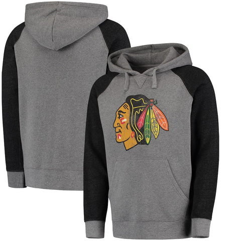 Chicago Blackhawks Distressed Primary Logo Raglan Tri-Blend Pullover Hoodie - Gray/Black