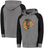Chicago Blackhawks Distressed Primary Logo Raglan Tri-Blend Pullover Hoodie - Gray/Black