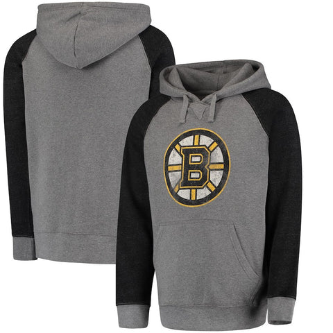 Boston Bruins Distressed Primary Logo Raglan Tri-Blend Pullover Hoodie - Gray/Black
