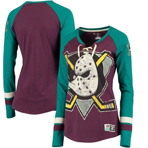 Anaheim Ducks Majestic Women's Vintage Hip Check Lacer Long Sleeve T-Shirt - Burgundy/Teal