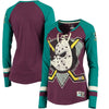 Anaheim Ducks Majestic Women's Vintage Hip Check Lacer Long Sleeve T-Shirt - Burgundy/Teal