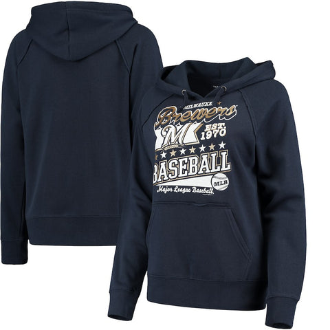 Milwaukee Brewers 5th & Ocean by New Era Women's Raw Edges & Pouch Raglan Pullover Hoodie - Navy