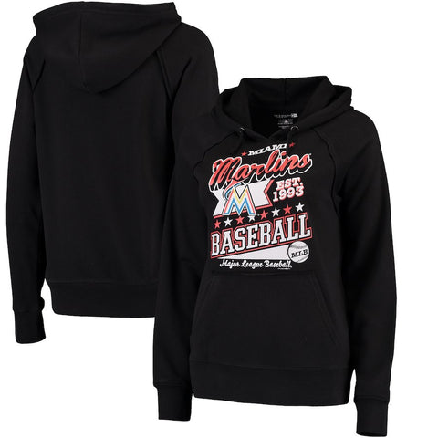 Miami Marlins 5th & Ocean by New Era Women's Raw Edges & Pouch Raglan Pullover Hoodie - Black