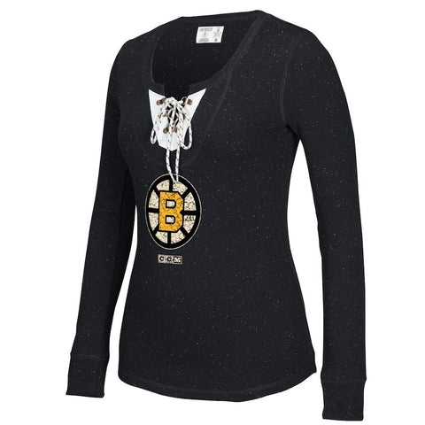 Boston Bruins CCM Women's Lace-Up Henley Long Sleeve T-Shirt - Black