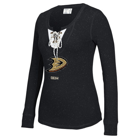 Anaheim Ducks CCM Women's Lace-Up Henley Long Sleeve T-Shirt - Black