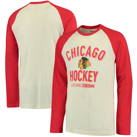 Chicago Blackhawks CCM Team Logo Tri-Blend Raglan Long Sleeve T-Shirt - Cream/Red