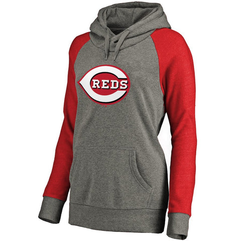 Cincinnati Reds Women's Primary Logo Raglan Sleeve Tri-Blend Pullover Hoodie - Ash