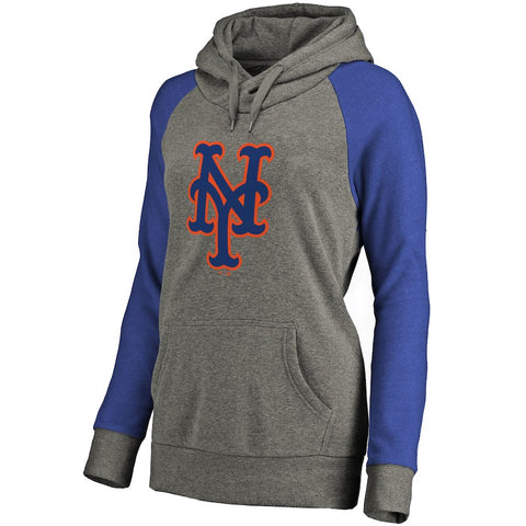 New York Mets Women's Primary Logo Raglan Sleeve Tri-Blend Pullover Hoodie - Ash