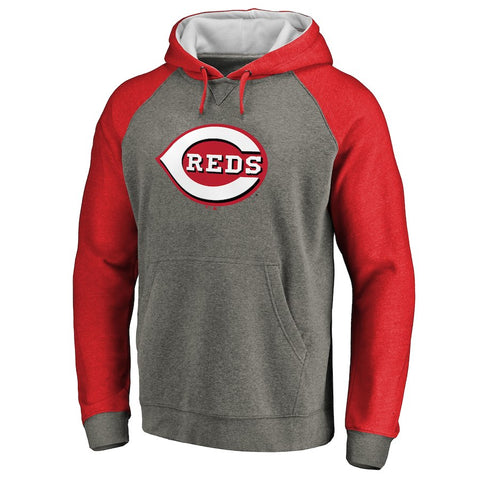 Cincinnati Reds Primary Logo Raglan Sleeve Tri-Blend Pullover Hoodie - Ash