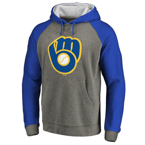 Milwaukee Brewers Primary Logo Raglan Sleeve Tri-Blend Pullover Hoodie - Ash