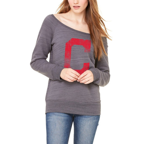 Cleveland Indians Let Loose by RNL Women's Game Day Wide Neck Sweatshirt - Dark Gray Marble