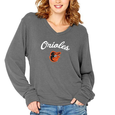 Baltimore Orioles Soft as a Grape Women's Drapey V-Neck Sweatshirt - Charcoal