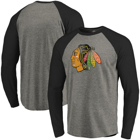 Chicago Blackhawks Distressed Primary Logo Tri-Blend Raglan T-Shirt - Black