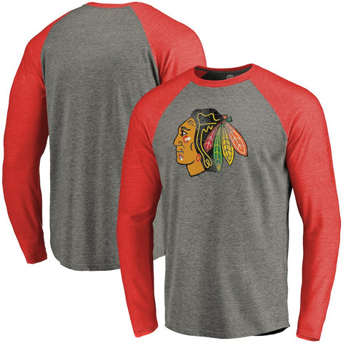 Chicago Blackhawks Distressed Primary Logo Tri-Blend Raglan T-Shirt - Gray