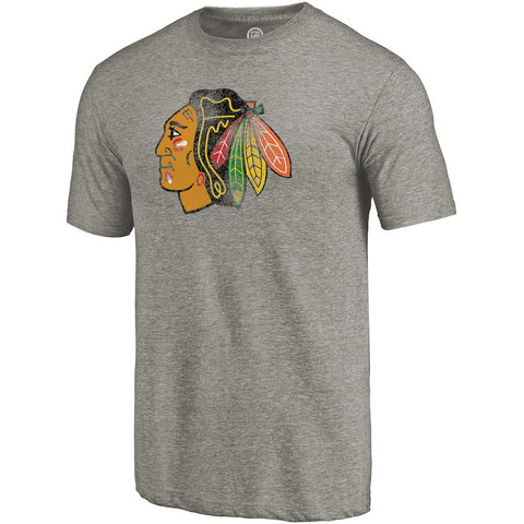 Chicago Blackhawks Distressed Primary Logo Tri-Blend T-Shirt - Gray