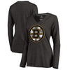 Boston Bruins   Women's Distressed Primary Logo Tri-Blend Long Sleeve V-Neck T-Shirt - Black