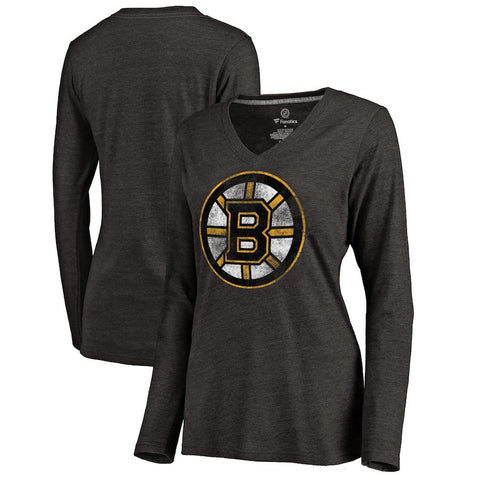 Boston Bruins   Women's Distressed Primary Logo Tri-Blend Long Sleeve V-Neck T-Shirt - Black
