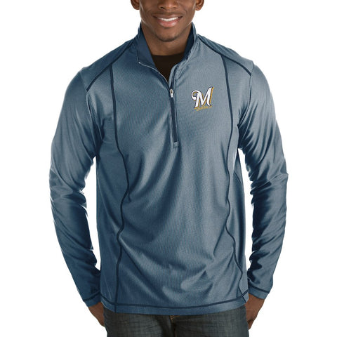 Milwaukee Brewers Antigua Tempo Half-Zip Pullover Jacket - Heathered Navy