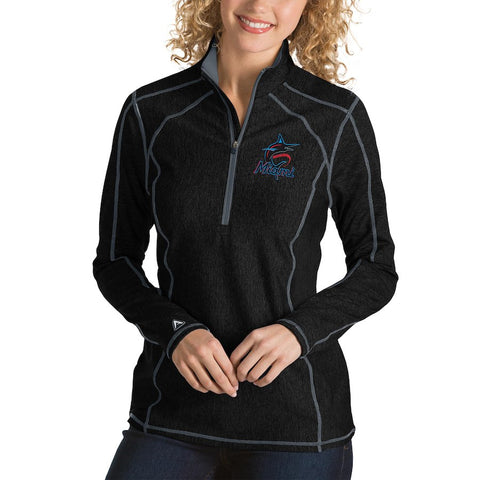 Miami Marlins Antigua Women's Tempo Desert Dry 1/4-Zip Pullover Jacket - Heathered Black
