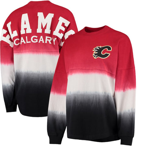 Calgary Flames   Women's Ombre Spirit Jersey Long Sleeve Oversized T-Shirt - Red/Black