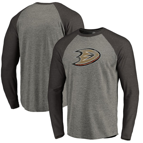 Anaheim Ducks Distressed Team Tri-Blend Raglan Long Sleeve T-Shirt - Gray/Black