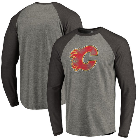 Calgary Flames Distressed Team Tri-Blend Raglan Long Sleeve T-Shirt - Gray/Black