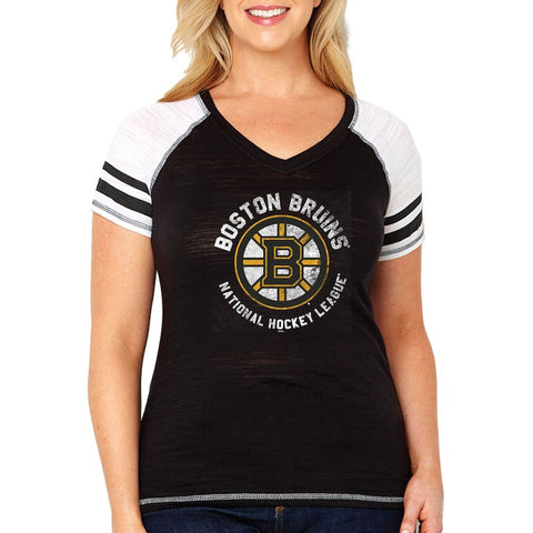 Boston Bruins Soft as a Grape Women's Plus Size Raglan V-Neck T-Shirt - Black/White