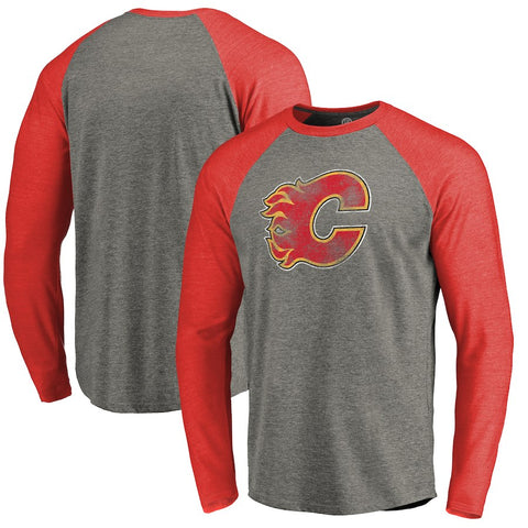 Calgary Flames Distressed Team Tri-Blend Raglan Long Sleeve T-Shirt - Gray/Red