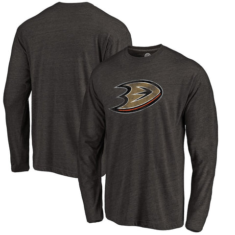 Anaheim Ducks Distressed Team Primary Logo Tri-Blend Long Sleeve T-Shirt - Black