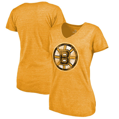 Boston Bruins Women's Distressed Team Primary Logo V-Neck Tri-Blend T-Shirt