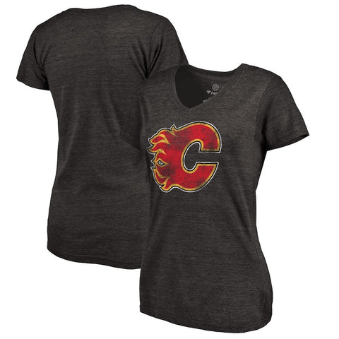 Calgary Flames Women's Distressed Team Primary Logo V-Neck Tri-Blend T-Shirt