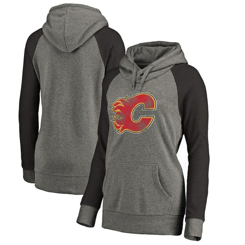 Calgary Flames Women's Distressed Team Primary Logo Tri-Blend Pullover Hoodie - Ash