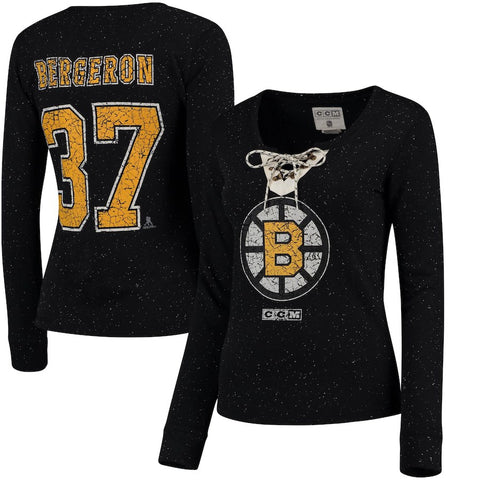 Patrice Bergeron Boston Bruins Reebok Women's Henley Lace Up Name & Number Long Sleeve T-Shirt - Black