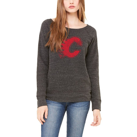 Calgary Flames Let Loose by RNL Women's Game Day Wide Neck Pullover Sweatshirt - Heathered Charcoal