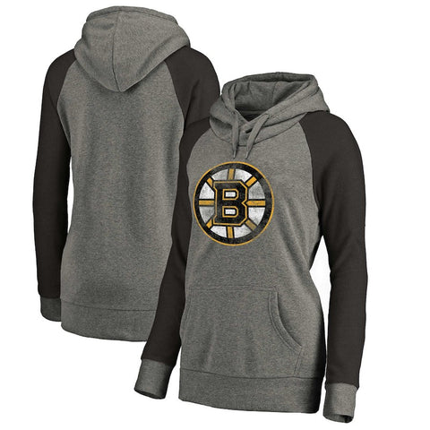 Boston Bruins   Women's Distressed Team Logo Raglan Pullover Hoodie - Gray/Black