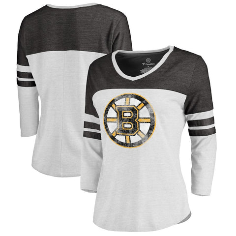 Boston Bruins   Women's Distressed Primary Logo Long Sleeve T-Shirt - White/Black