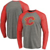 Calgary Flames Throwback Logo 1980-1981 Tri-Blend Long Sleeve Raglan T-Shirt - Ash/Red