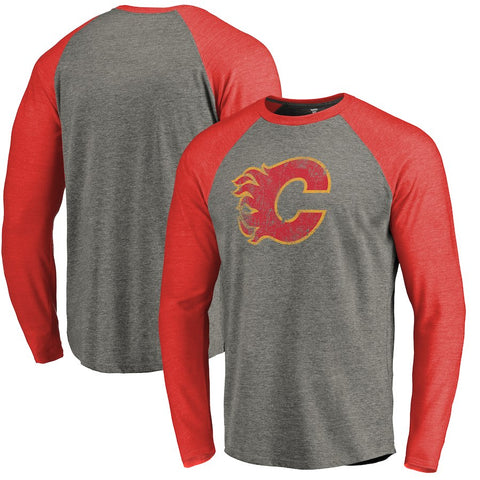 Calgary Flames Throwback Logo 1980-1981 Tri-Blend Long Sleeve Raglan T-Shirt - Ash/Red