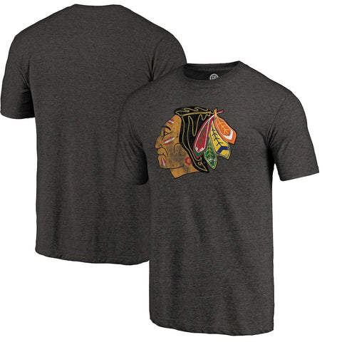 Chicago Blackhawks Distressed Throwback Primary Logo Tri-Blend T-Shirt - Black -