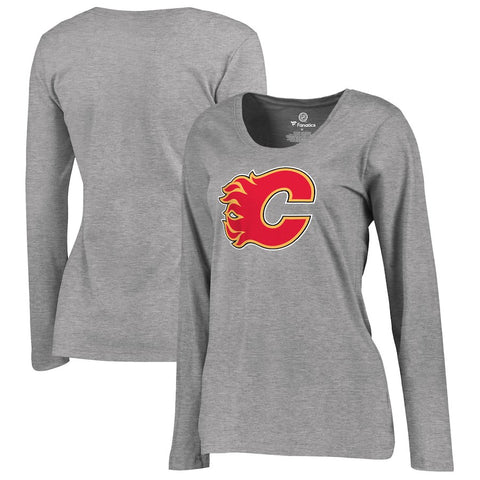Calgary Flames Women's Plus Sizes Primary Logo Long Sleeve T-Shirt - Heathered Gray