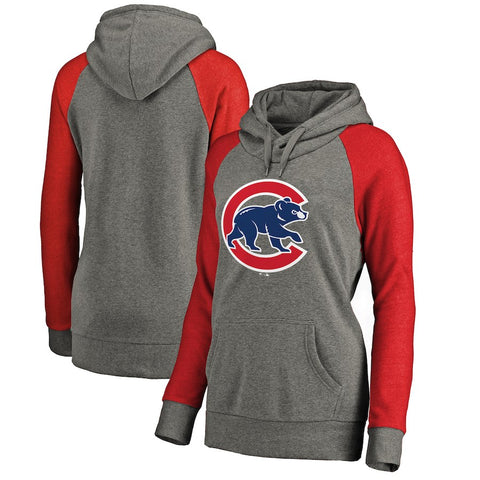 Chicago Cubs Women's Primary Logo Tri-Blend Raglan Pullover Hoodie - Heather Gray/Red