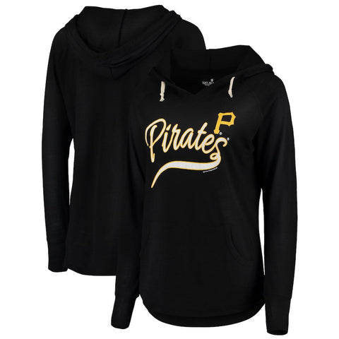 Pittsburgh Pirates Soft As A Grape Women's Third Strike Tri-Blend V-Neck Pullover Hoodie - Black