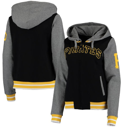 Pittsburgh Pirates 5th & Ocean by New Era Women's French Terry Contrast Sleeves Full-Zip Hoodie Jacket - Black/Charcoal